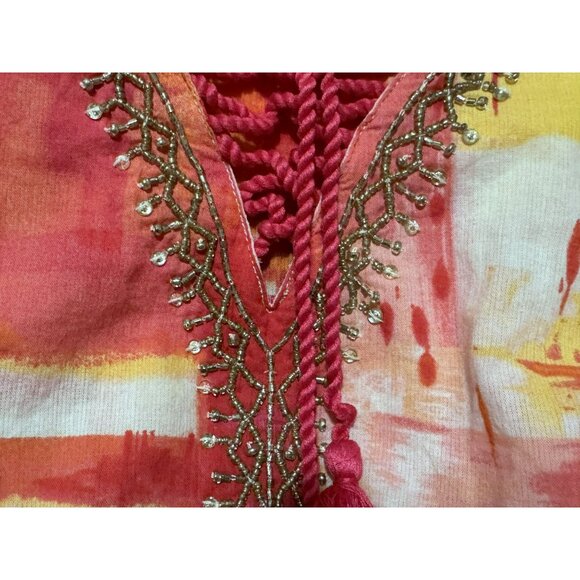 Chico’s Crossroads Lace Up Tunic 3 L-XL  Colorblocked Salsa Beaded Neckline Boho - Picture 9 of 10